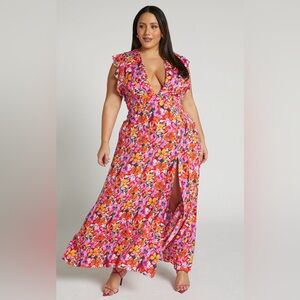 Showpo DYLIAH MIDI DRESS - THIGH SPLIT FRILL SHOULDER PLUNGE NECK DRESS FLORAL